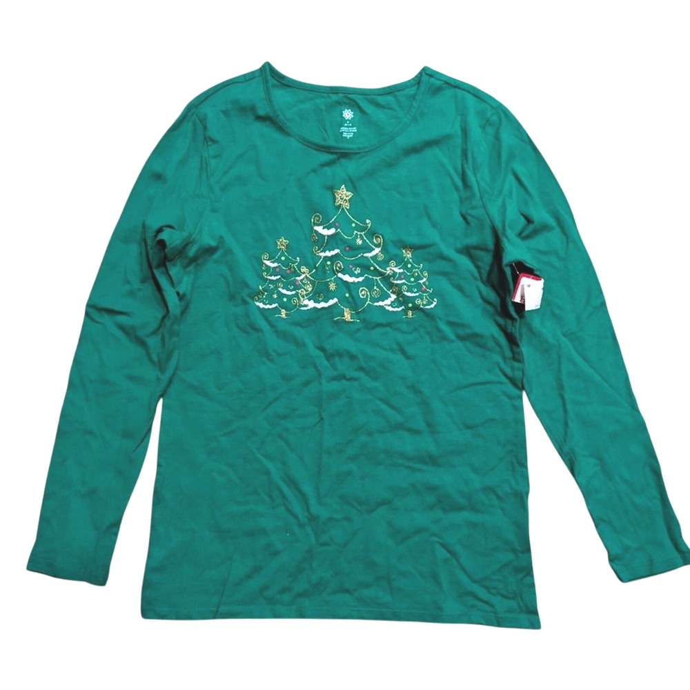 Womens M 8 10 Green Christmas Tree Graphic T-Shirt Long Sleeves Holiday Top NWT